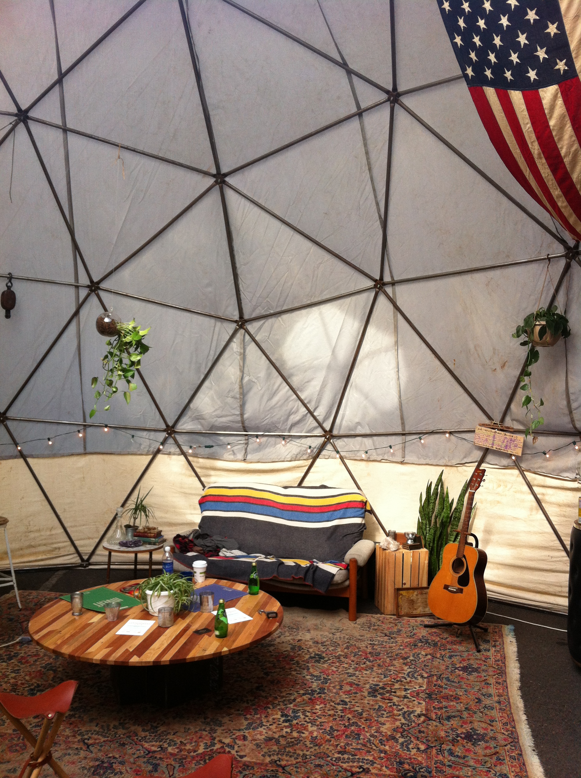 Inside of a (rather comfy) geodesic dome temporarily set up in Portland in 2013.