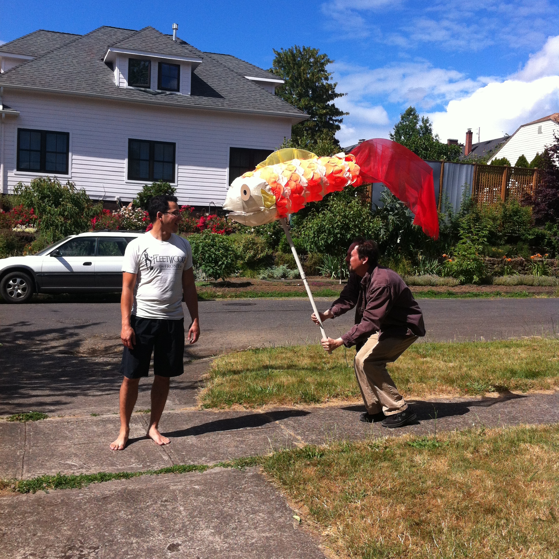 These puppets were intended to interact with people at a large party, so  it was necessary to test the scale (no pun intended).